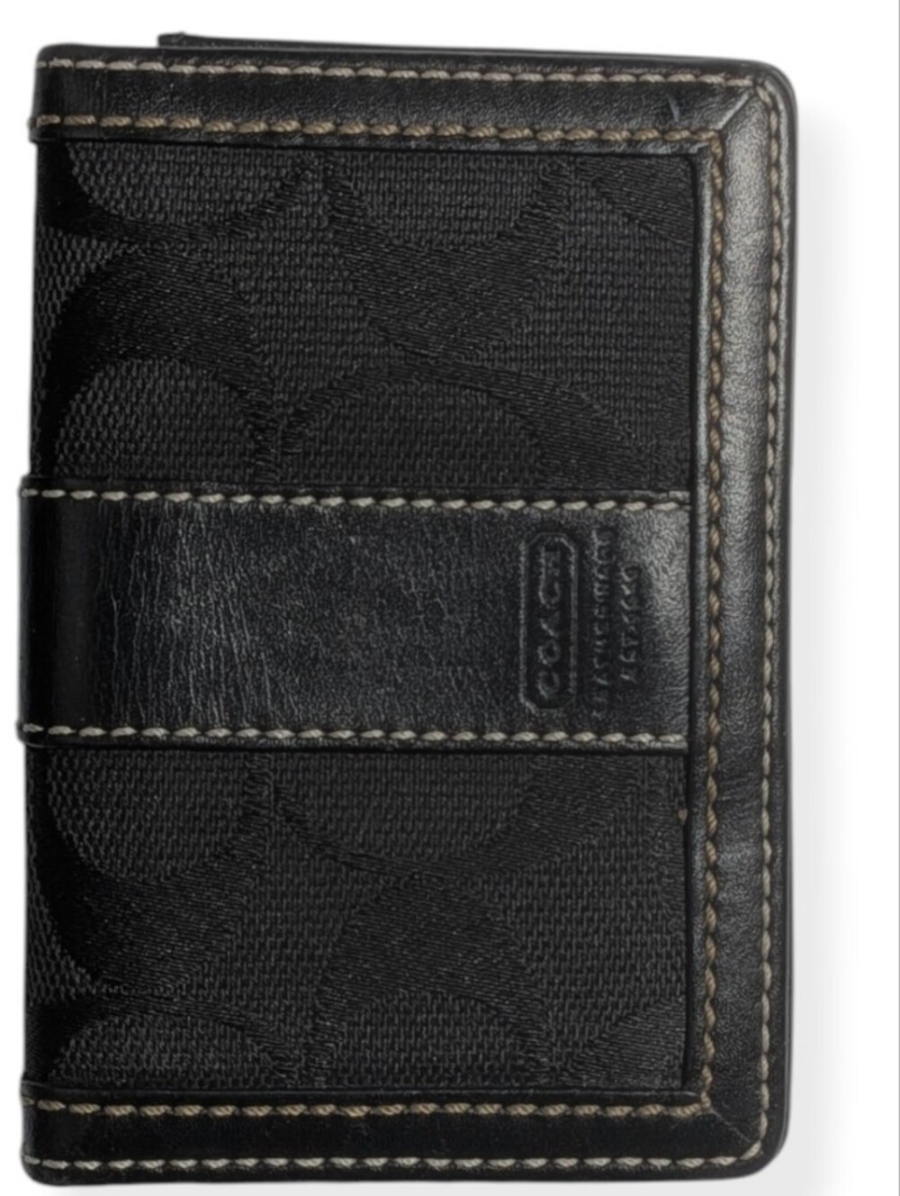 Coach Wallet Card Case Black Signature C Canvas Leather Compact Mini ID Holder - Picture 2 of 8